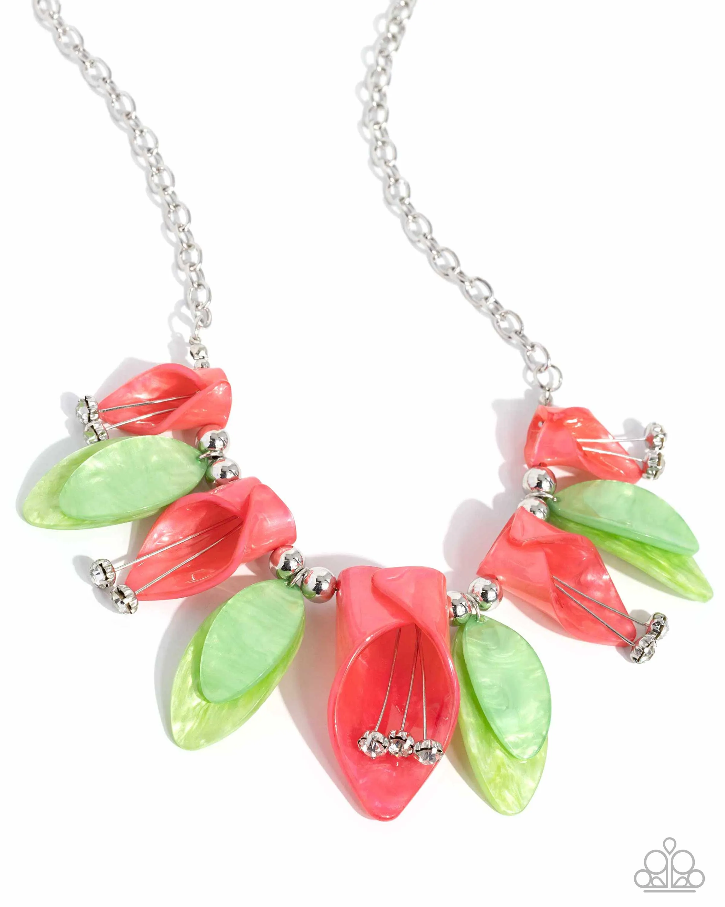 Garden Gaze - Multi - Coral and Green Acrylic Flower and Leaf Paparazzi Short Necklace - June 2024 Life of the Party Exclusive