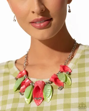 Garden Gaze - Multi - Coral and Green Acrylic Flower and Leaf Paparazzi Short Necklace - June 2024 Life of the Party Exclusive