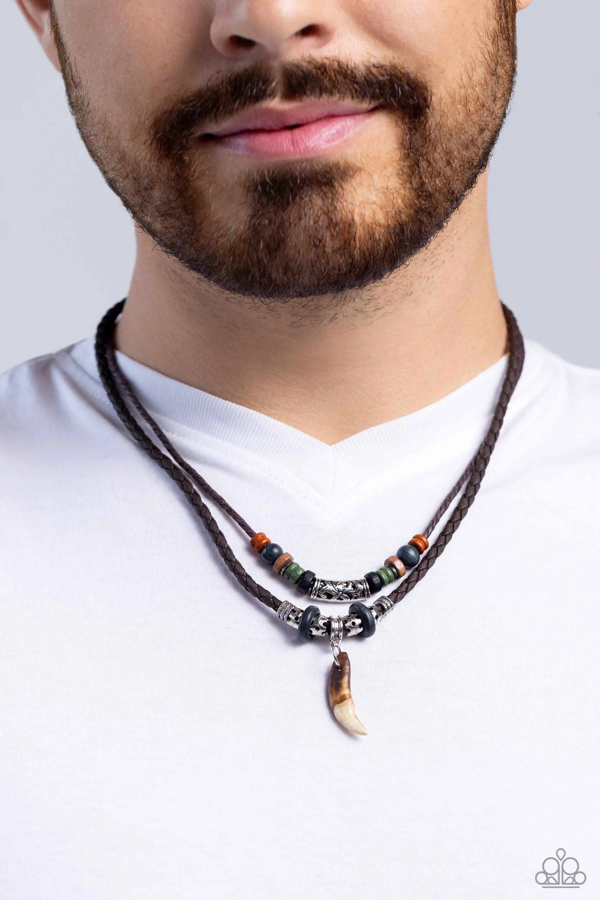 Gator Bait - Multi - Wooden Bead Leather Cord Tooth Tiered Paparazzi Short Urban Men's Necklace