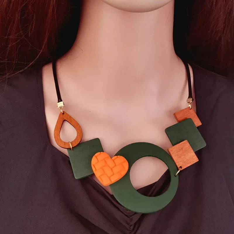 Geometric Wooden Pendant Ethnic Statement Bib Necklace for Women Handmade Maxi Necklaces Vintage Jewelry