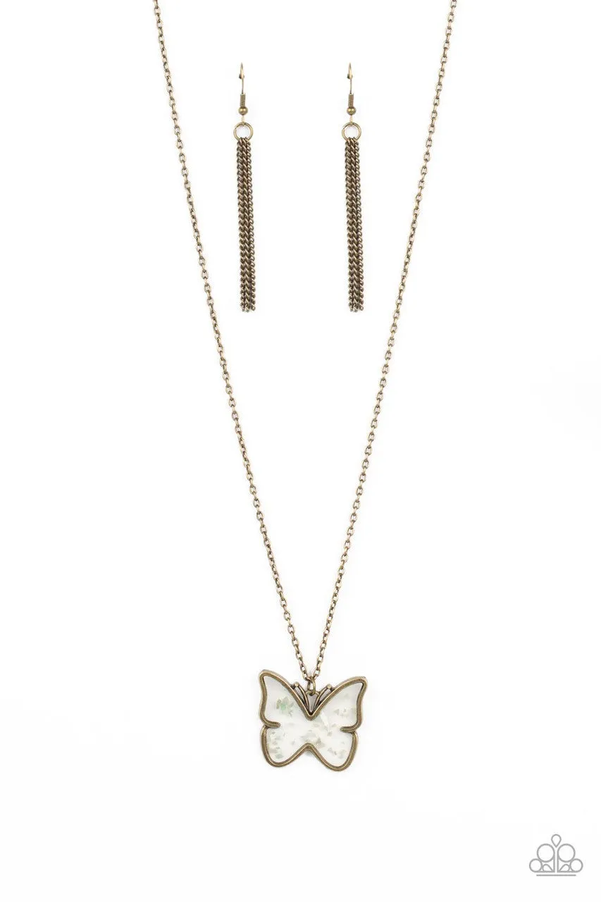 Gives Me Butterflies - Brass - Seashell Flecked Acrylic Butterfly Pendant Short Paparazzi Necklace