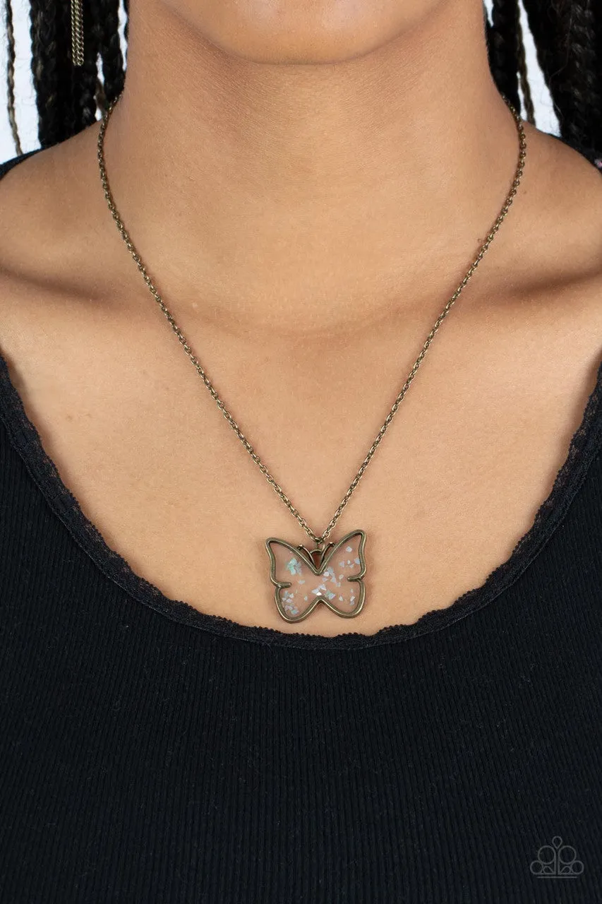 Gives Me Butterflies - Brass - Seashell Flecked Acrylic Butterfly Pendant Short Paparazzi Necklace
