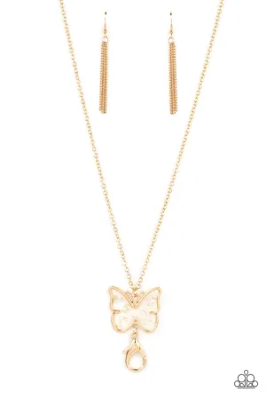 Gives Me Butterflies - Gold - Seashell Flecked Acrylic Butterfly Pendant Short Paparazzi Lanyard Necklace