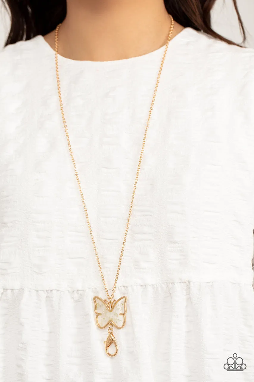 Gives Me Butterflies - Gold - Seashell Flecked Acrylic Butterfly Pendant Short Paparazzi Lanyard Necklace