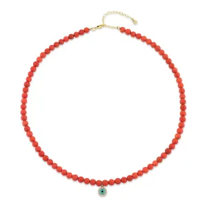 Gold & Diamond Enamel Eye Peach Coral Necklace