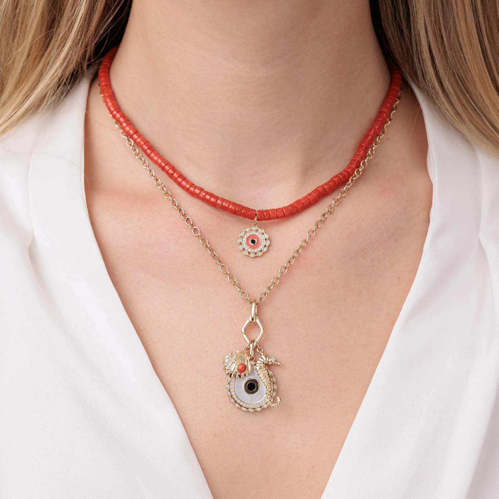Gold & Diamond Small Marquise Eye Coral Necklace
