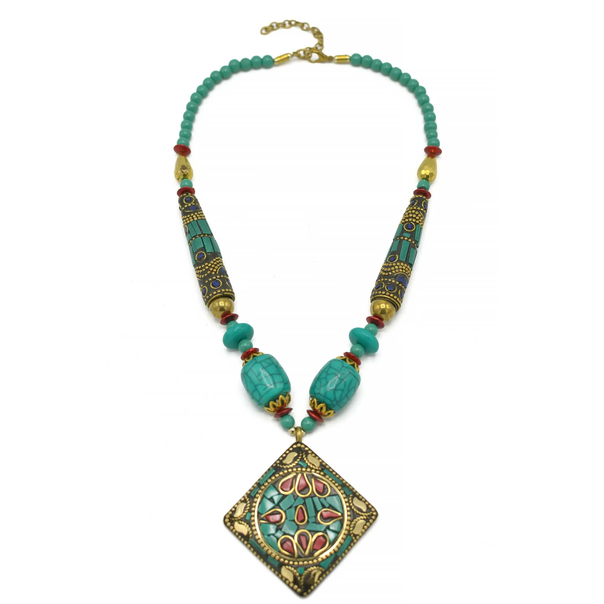 GOLD AND TURQUOISE BEADS SQUARE PENDANT NECKLACE # FWNK-2109-77