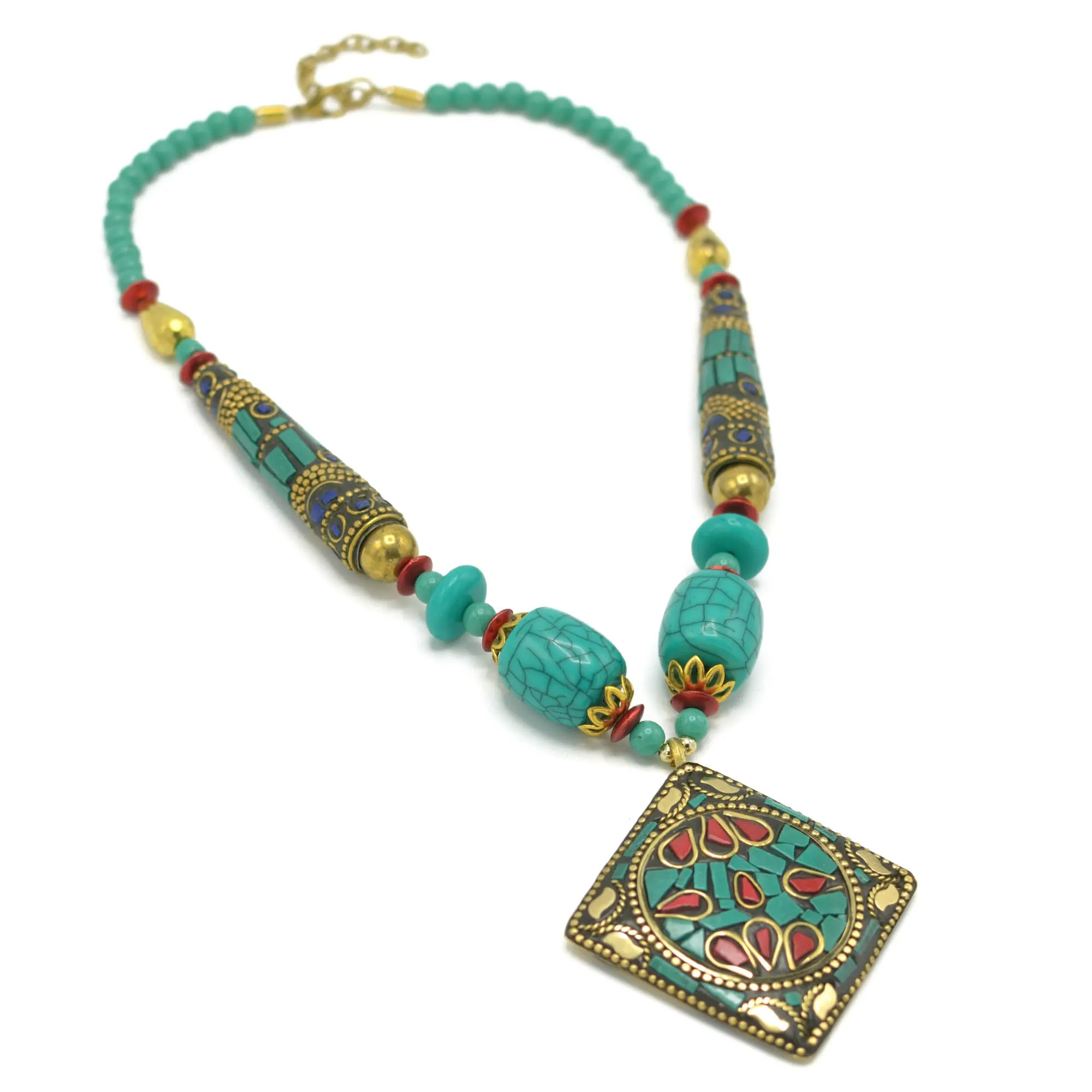 GOLD AND TURQUOISE BEADS SQUARE PENDANT NECKLACE # FWNK-2109-77