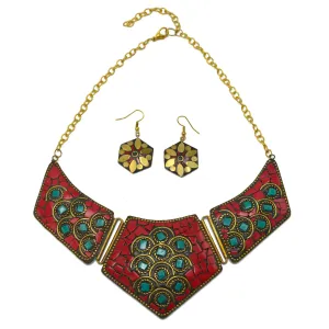 GOLD CORAL AND TURQUOISE BIB NECKLACE AND EARRINGS SET # FWNK-2109-84