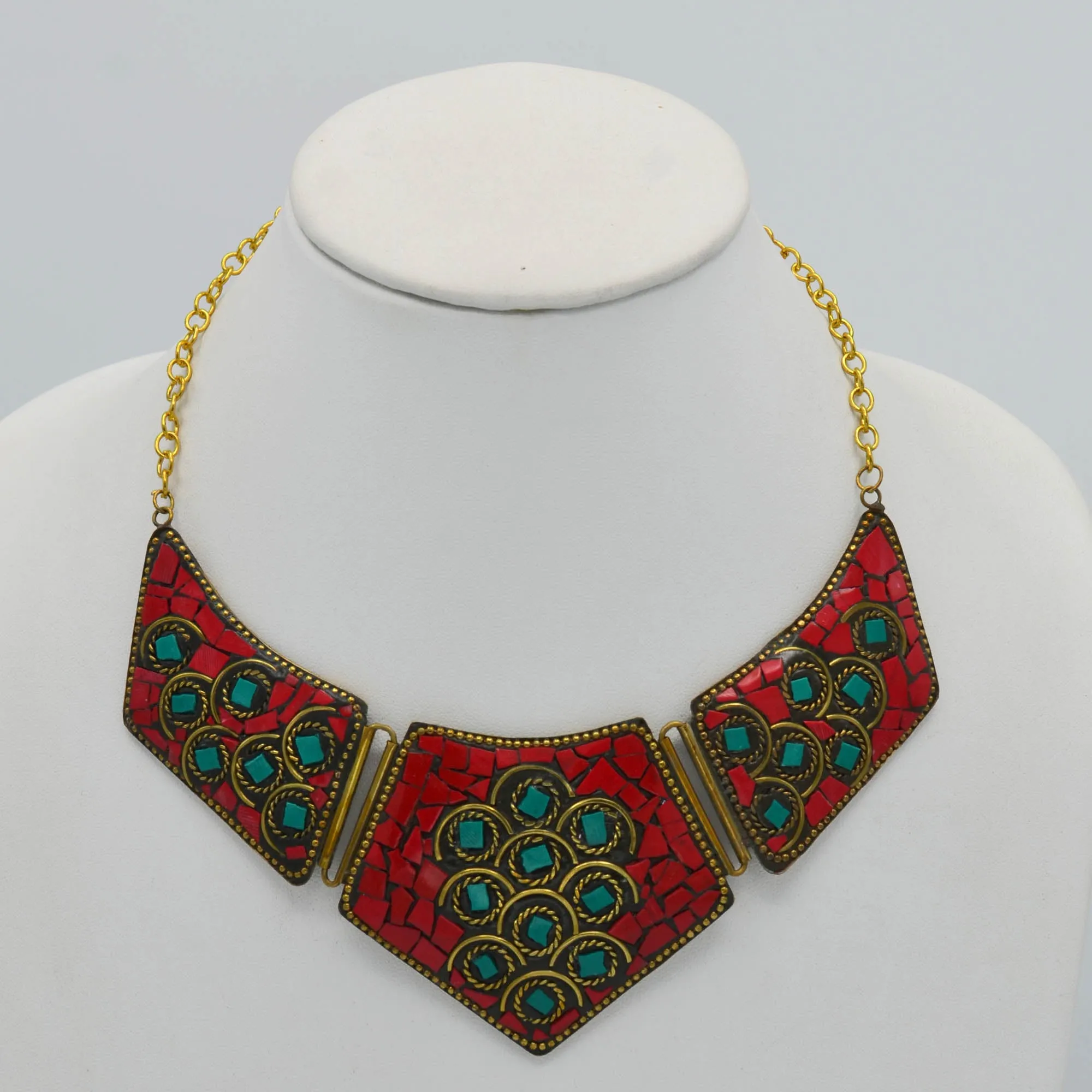 GOLD CORAL AND TURQUOISE BIB NECKLACE AND EARRINGS SET # FWNK-2109-84