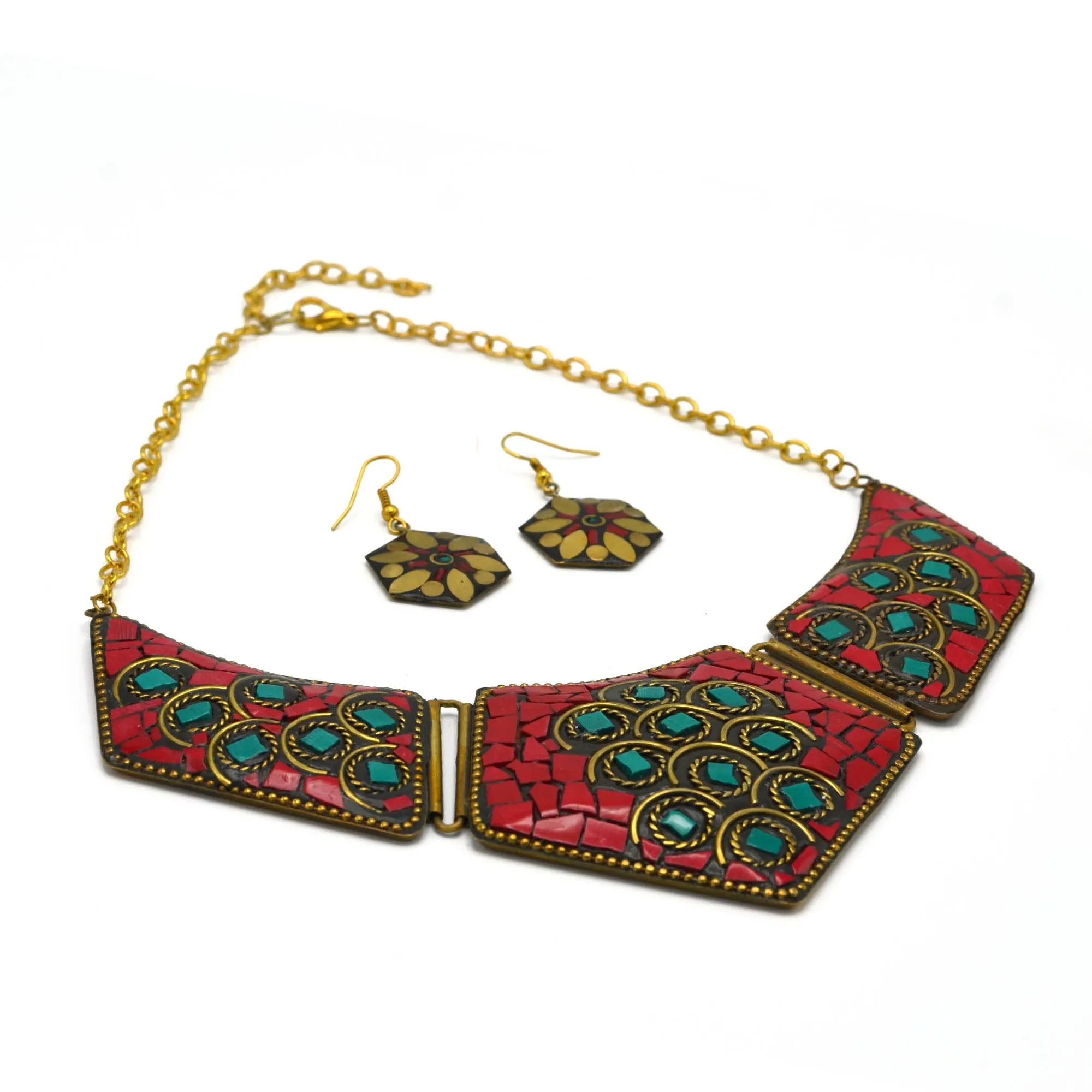 GOLD CORAL AND TURQUOISE BIB NECKLACE AND EARRINGS SET # FWNK-2109-84