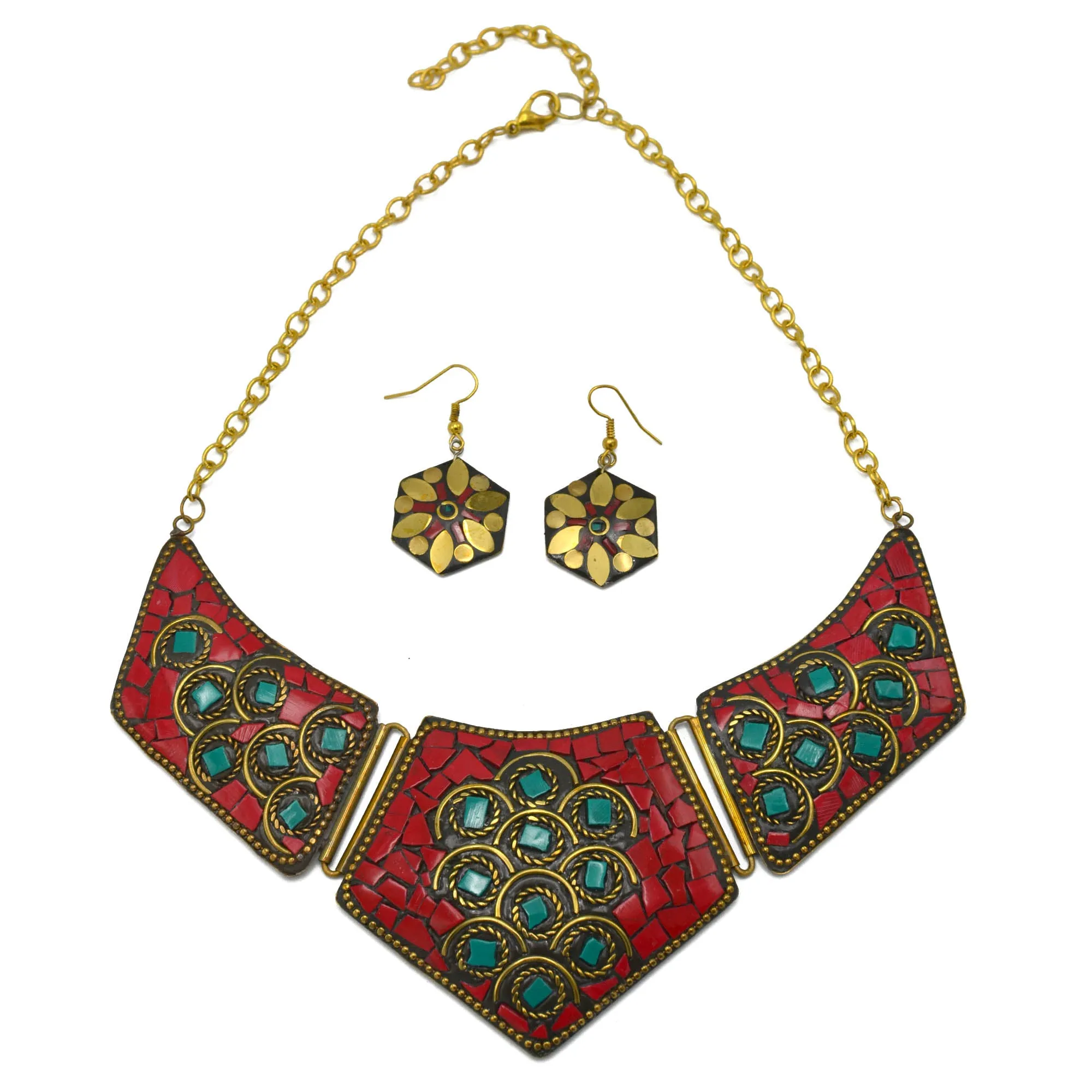 GOLD CORAL AND TURQUOISE BIB NECKLACE AND EARRINGS SET # FWNK-2109-84