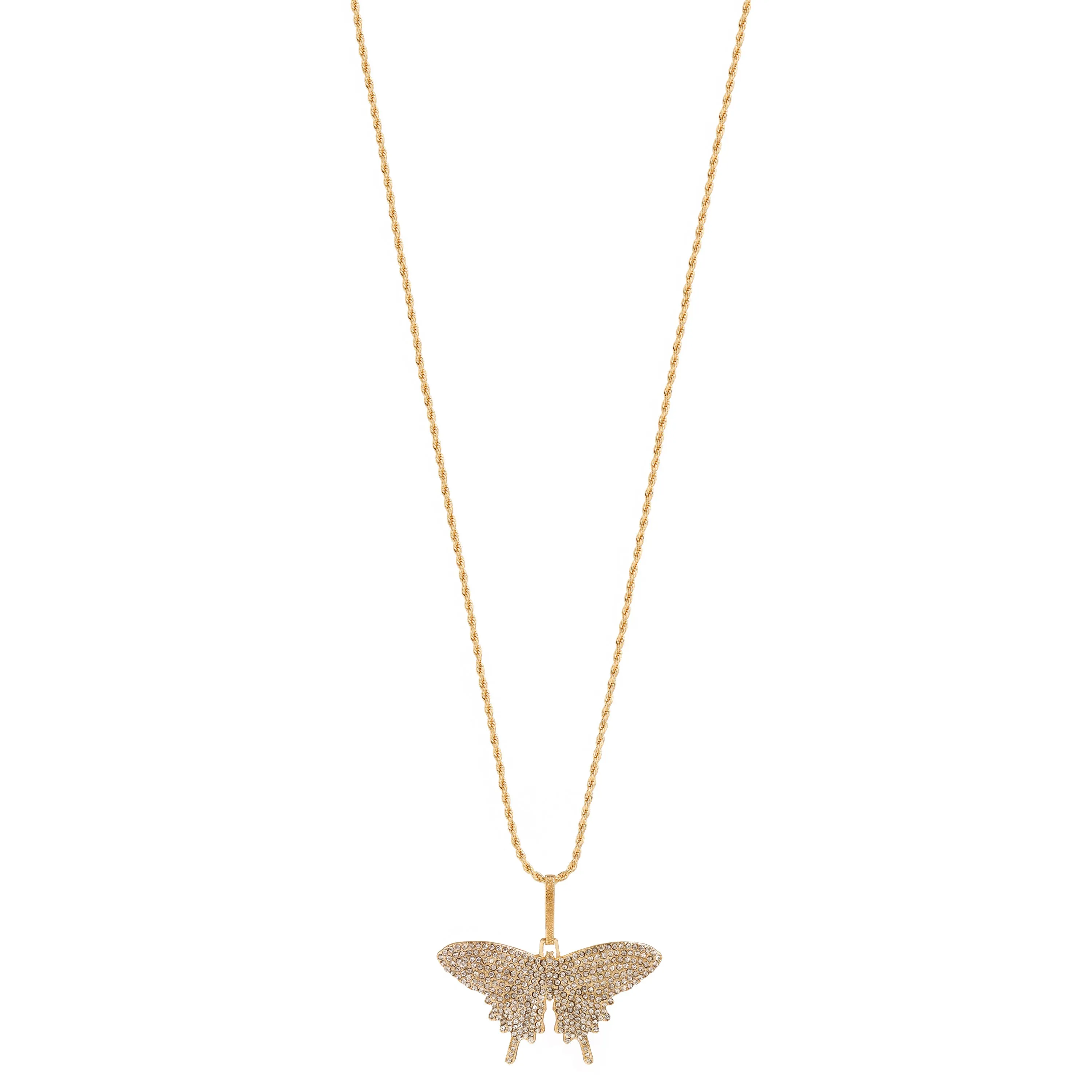 GOLD CRYSTAL BUTTERFLY PENDANT LONG CHAIN NECKLACE#SQGN-20212044GLD (EA5)