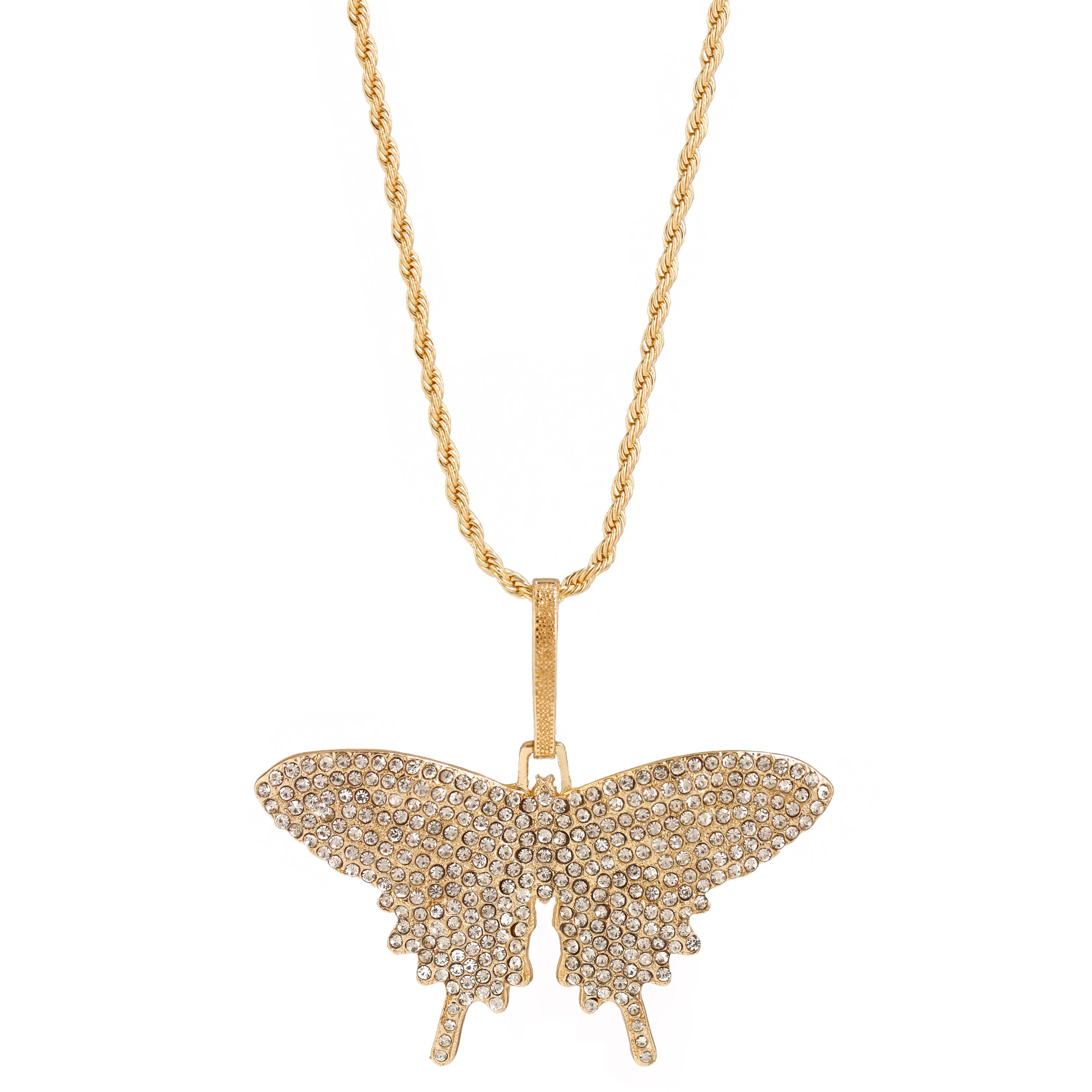 GOLD CRYSTAL BUTTERFLY PENDANT LONG CHAIN NECKLACE#SQGN-20212044GLD (EA5)