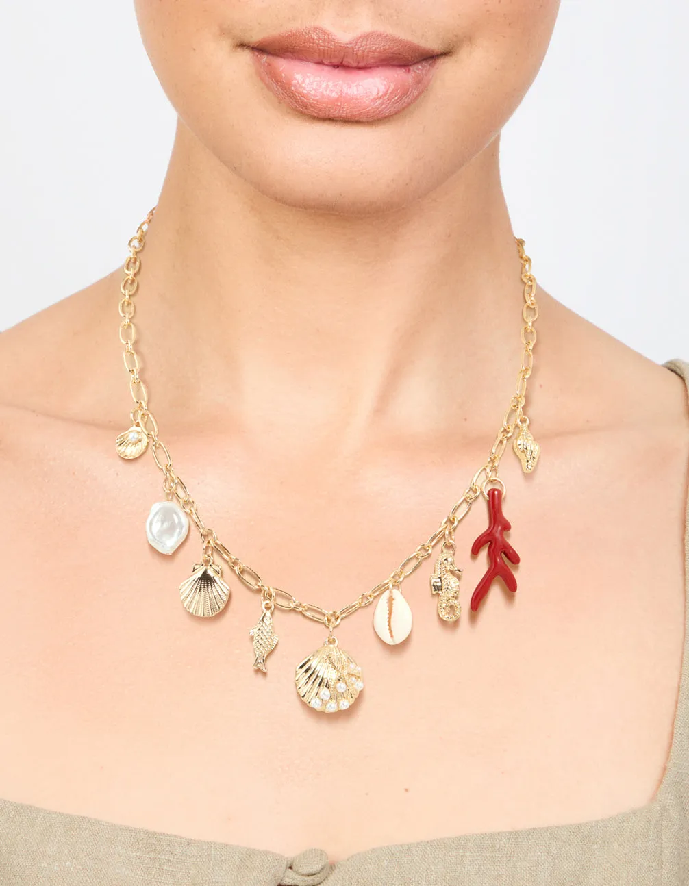 Gold Shell & Fish Charm Necklace