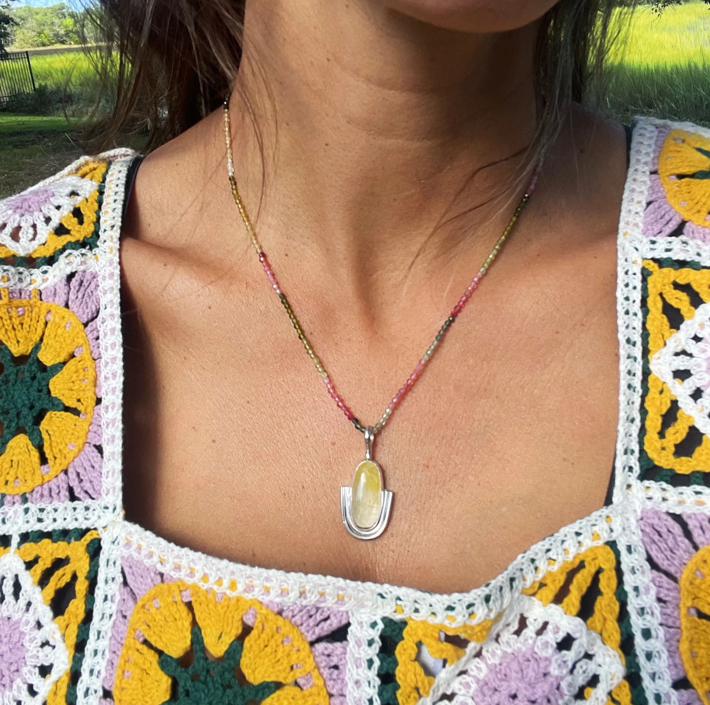 Golden Rutilated Quartz on Beaded Tourmaline Necklace #2