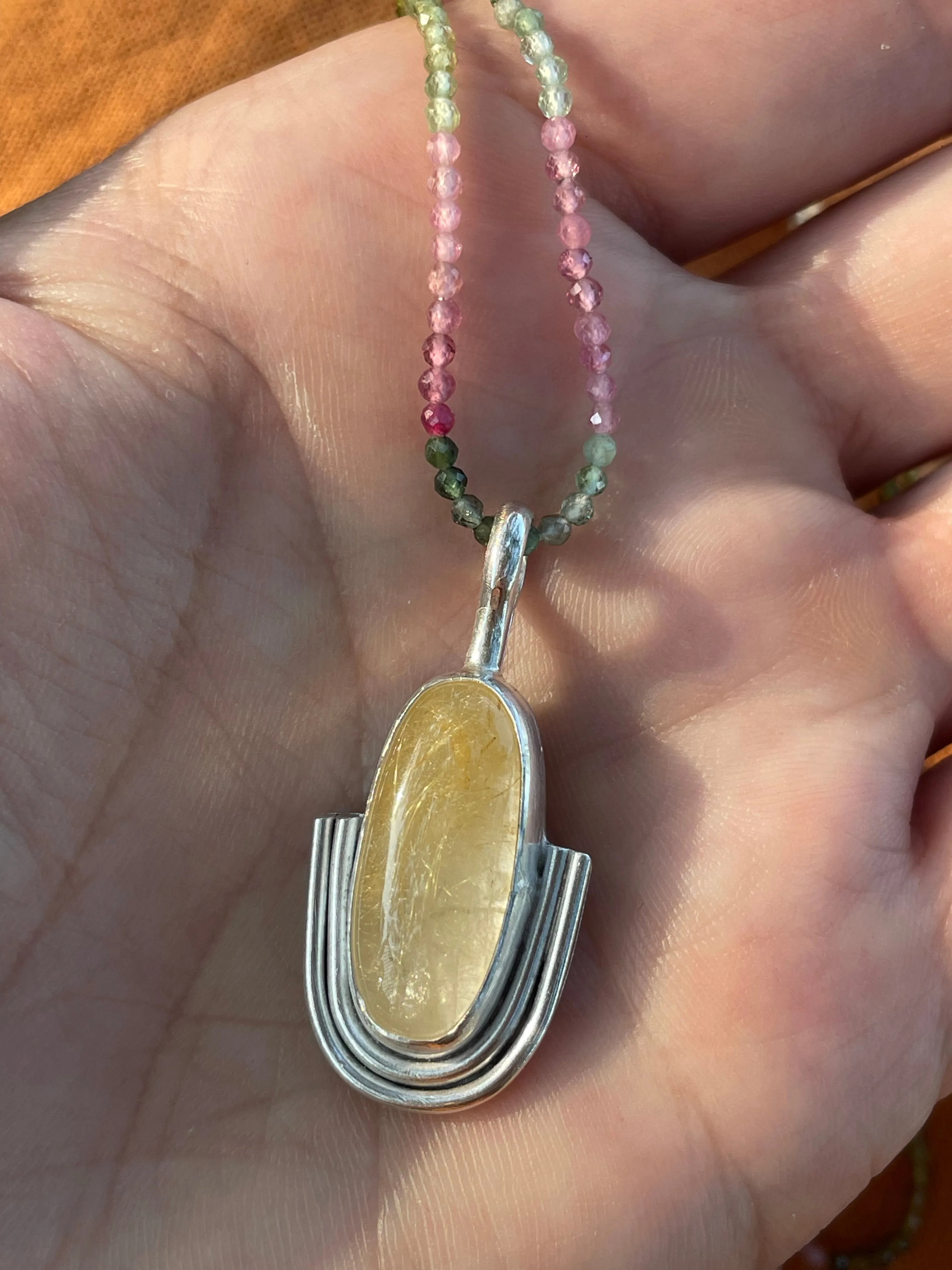 Golden Rutilated Quartz on Beaded Tourmaline Necklace #2