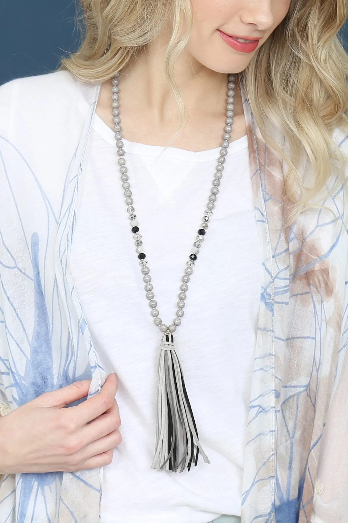 Gray Colorful Natural Stone and Glass Beads with Tassel Necklace - Pack of 6
