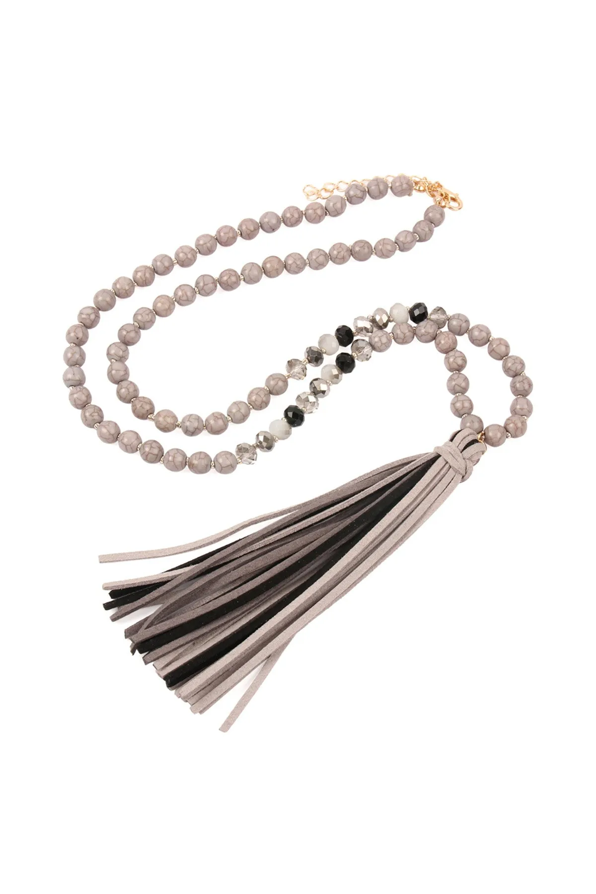Gray Colorful Natural Stone and Glass Beads with Tassel Necklace - Pack of 6