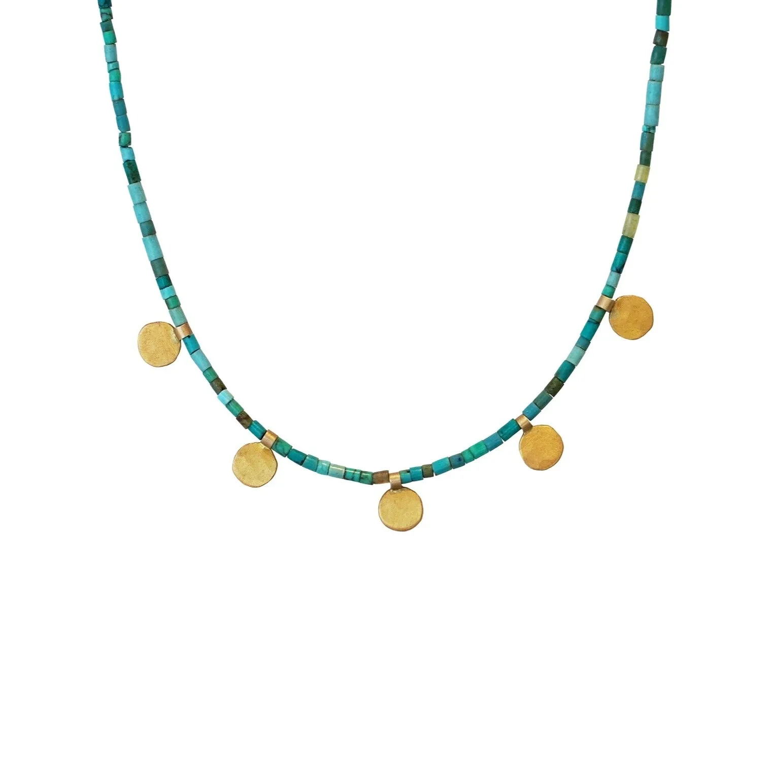 Green Turquoise Heishi Beaded Necklace with 22k Gold Disks