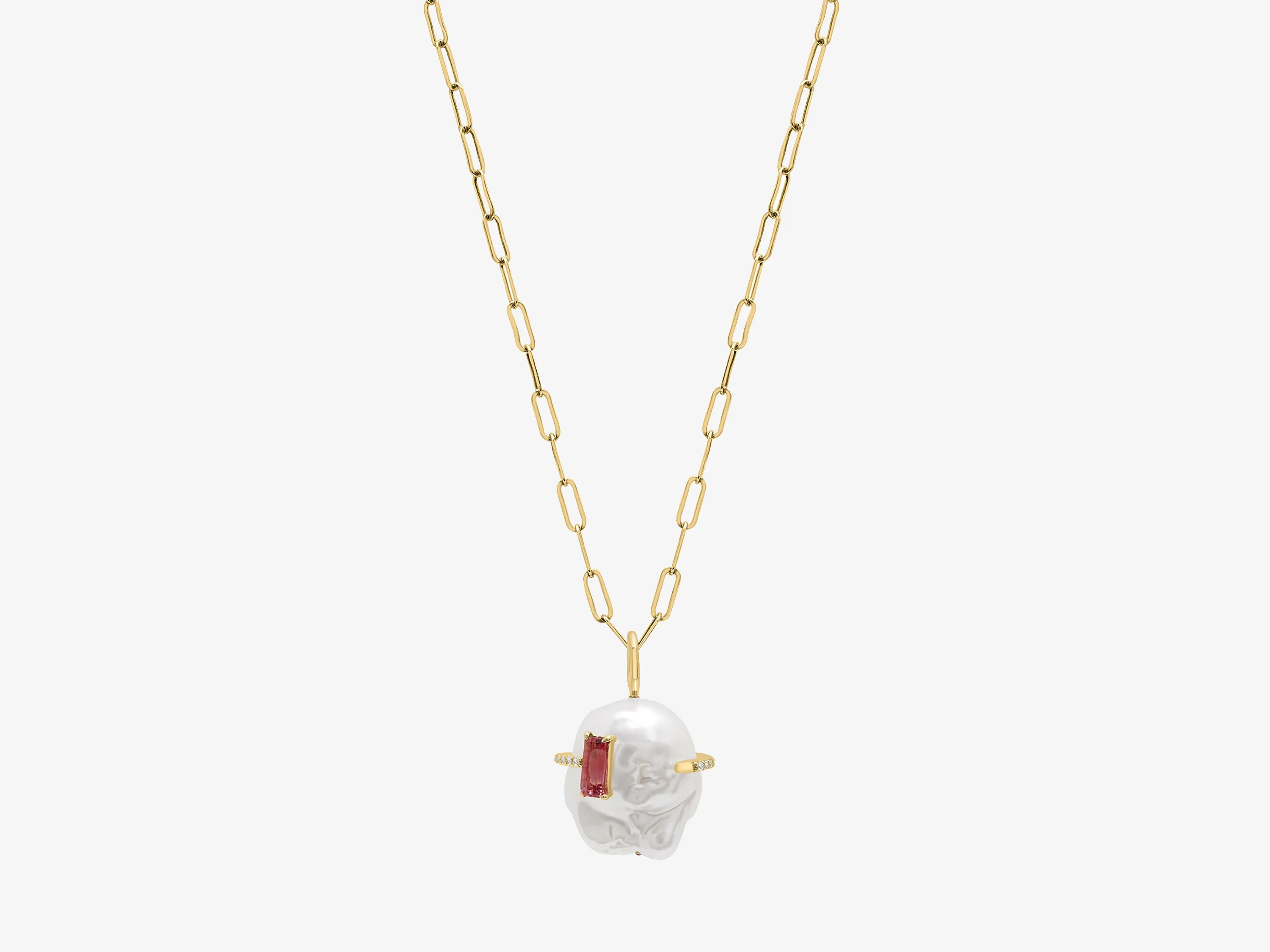 Gum Drop Baroque Pearl Necklace with Pink Tourmaline Baguette Stone