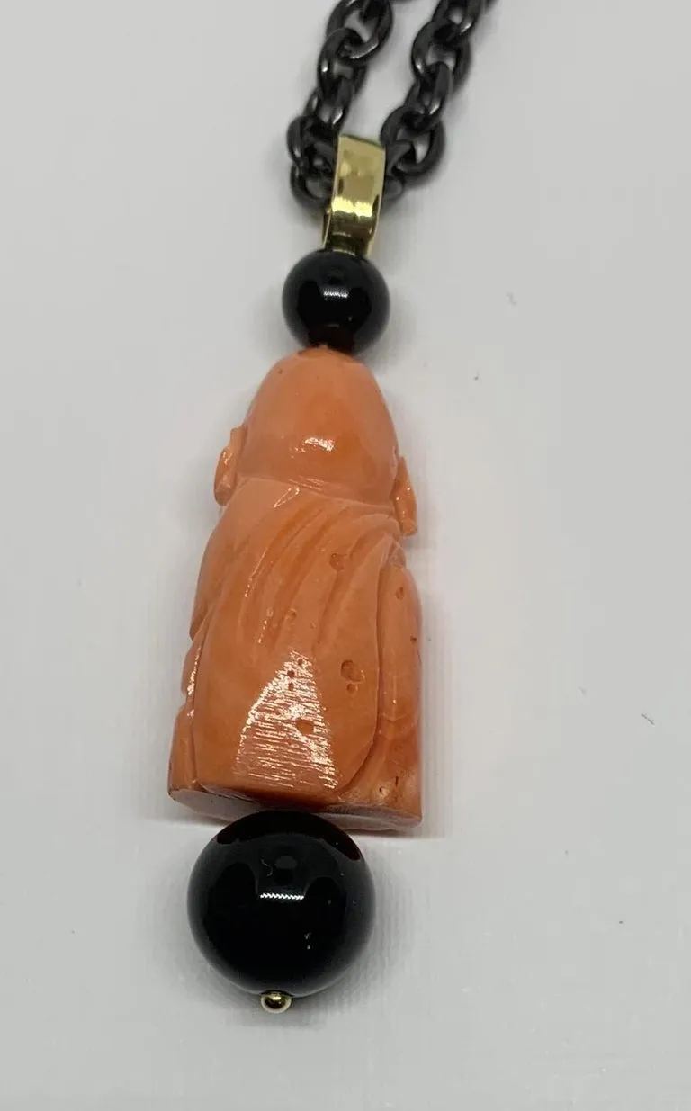 Hand Carved Italian Coral, Onyx, Yellow Gold, Blackened Steel Pendant Necklace