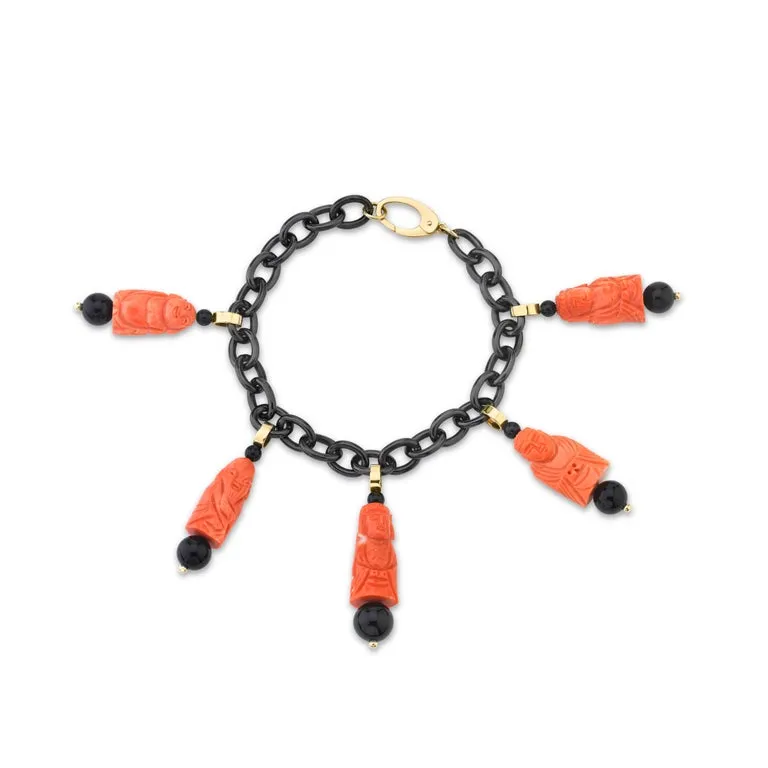 Hand Carved Italian Coral, Onyx, Yellow Gold, Blackened Steel Pendant Necklace
