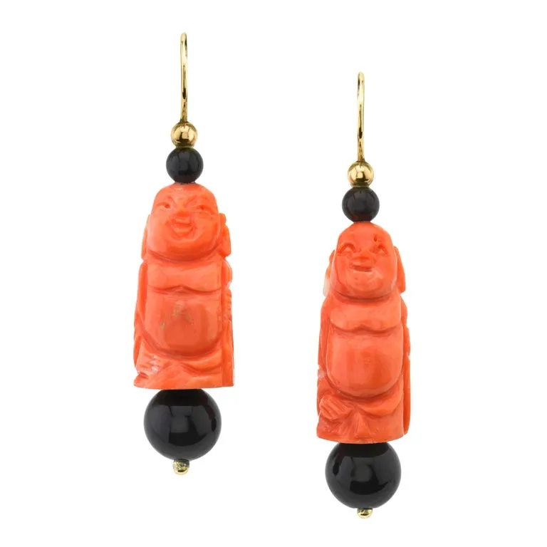 Hand Carved Italian Coral, Onyx, Yellow Gold, Blackened Steel Pendant Necklace