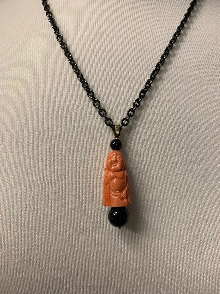 Hand Carved Italian Coral, Onyx, Yellow Gold, Blackened Steel Pendant Necklace
