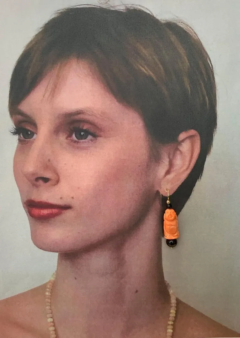 Hand Carved Italian Coral, Onyx, Yellow Gold, Blackened Steel Pendant Necklace