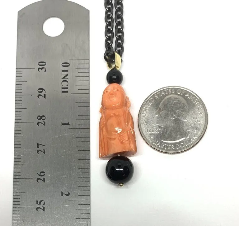 Hand Carved Italian Coral, Onyx, Yellow Gold, Blackened Steel Pendant Necklace