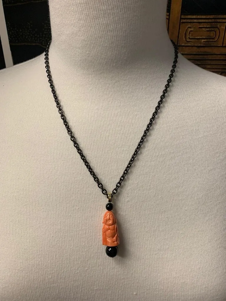 Hand Carved Italian Coral, Onyx, Yellow Gold, Blackened Steel Pendant Necklace