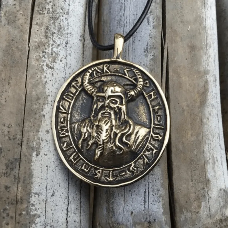 Handcrafted Bronze Viking Warrior with Runes Pendant