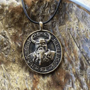 Handcrafted Bronze Viking Warrior with Runes Pendant