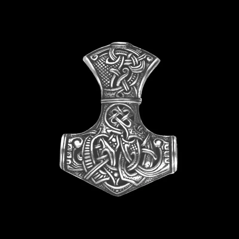 Handcrafted Mjolnir Size Extra Large Thor’s Hammer Sterling Silver Pendant   Braided leather cord