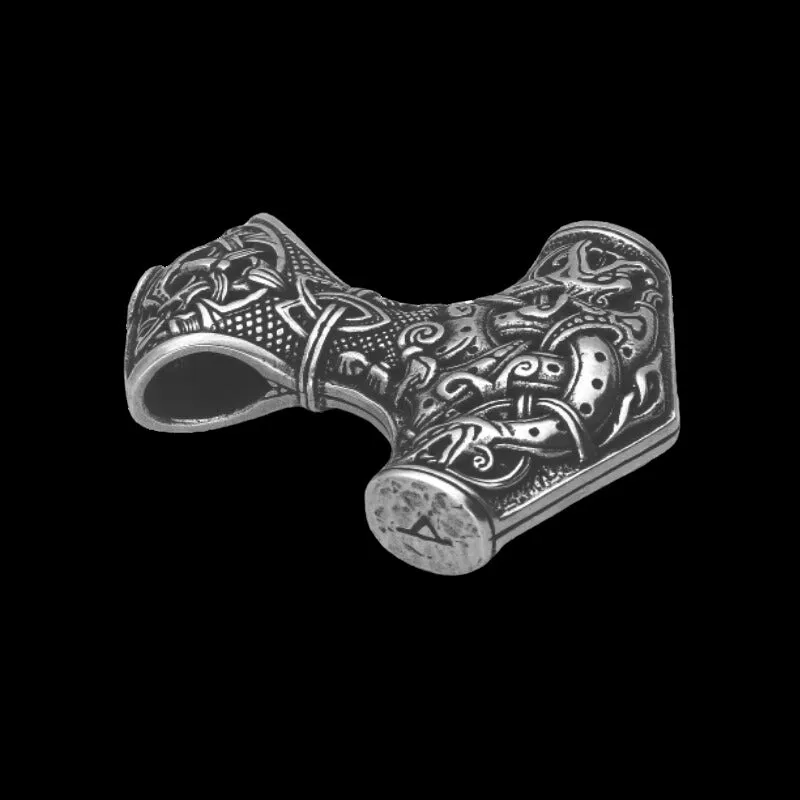 Handcrafted Mjolnir Size Extra Large Thor’s Hammer Sterling Silver Pendant   Braided leather cord