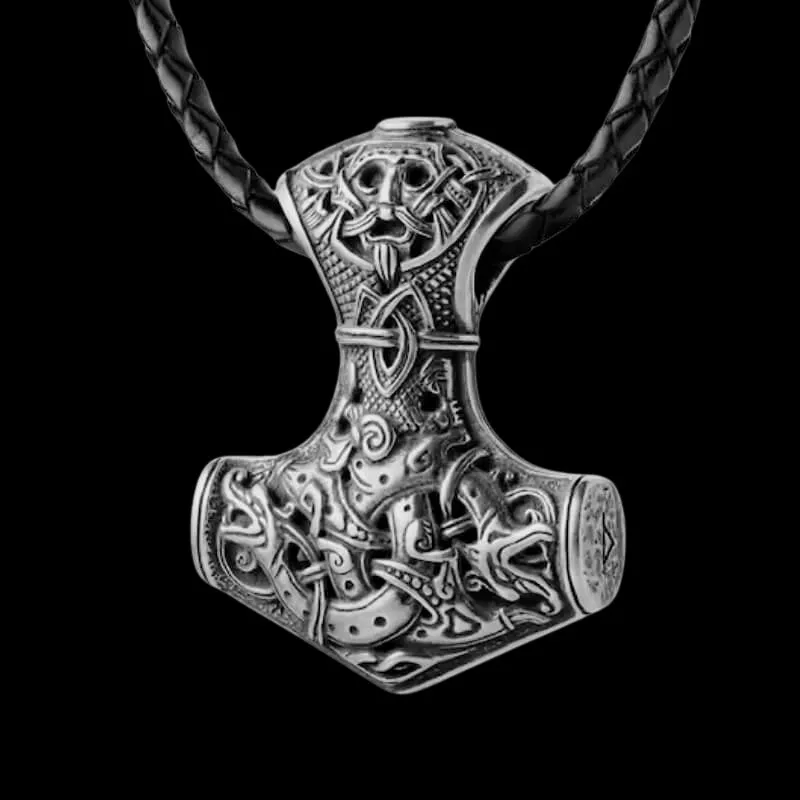 Handcrafted Mjolnir Size Extra Large Thor’s Hammer Sterling Silver Pendant   Braided leather cord