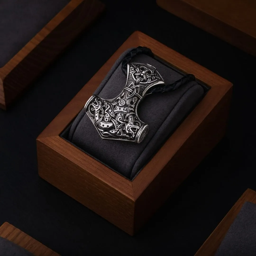 Handcrafted Mjolnir Size Extra Large Thor’s Hammer Sterling Silver Pendant   Braided leather cord
