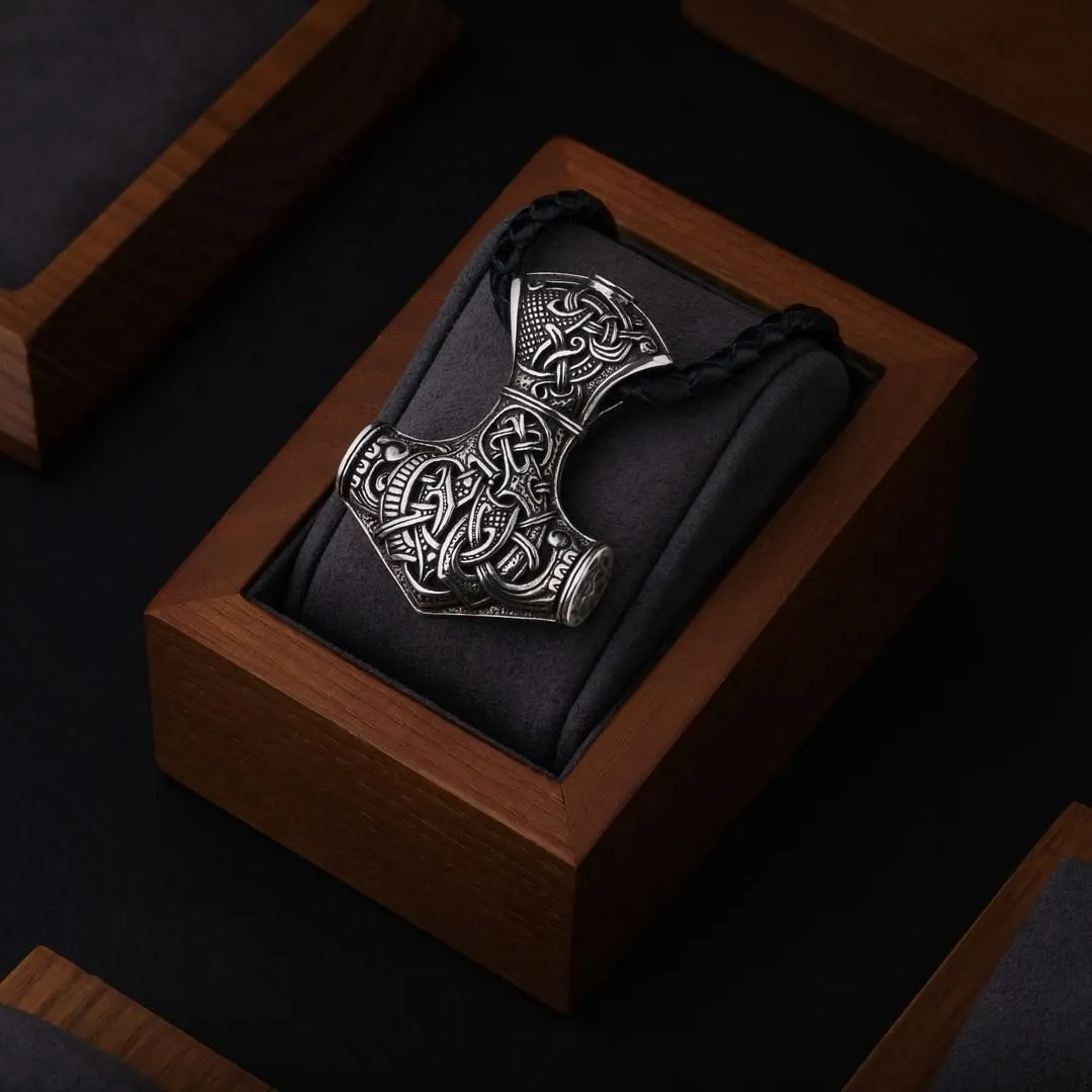 Handcrafted Mjolnir Size Extra Large Thor’s Hammer Sterling Silver Pendant   Braided leather cord