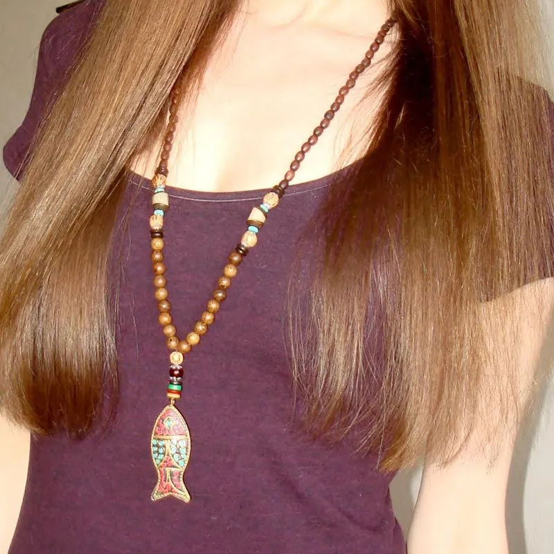 Handmade Original Wooden Bead Fish Pendant Sweater Chain Beads Accessories Casual Art Gold-plated Necklace