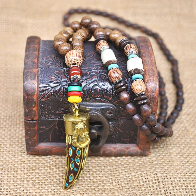 Handmade Original Wooden Bead Fish Pendant Sweater Chain Beads Accessories Casual Art Gold-plated Necklace