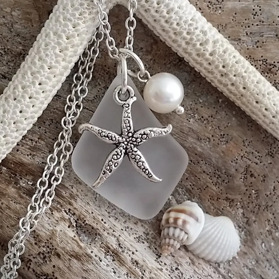 Hawaiian Jewelry Sea Glass Necklace, Crystal Necklace Starfish Necklace Pearl Necklace, Sea Glass Jewelry Birthday Gift (April Birthstone)
