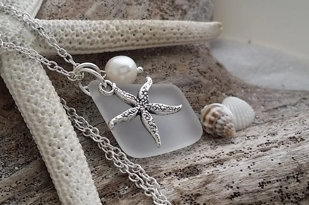 Hawaiian Jewelry Sea Glass Necklace, Crystal Necklace Starfish Necklace Pearl Necklace, Sea Glass Jewelry Birthday Gift (April Birthstone)
