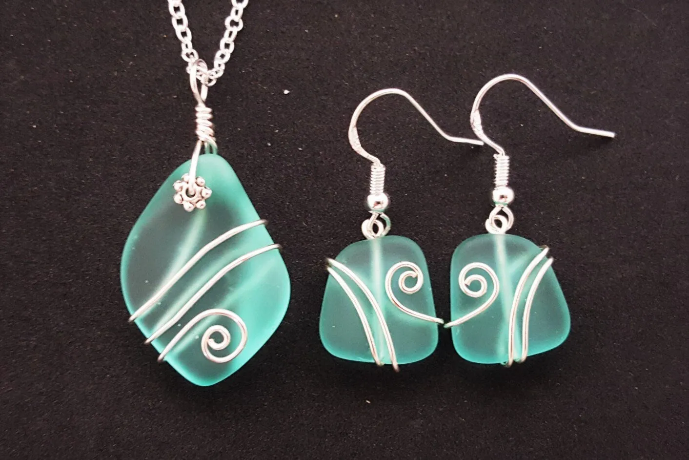 Hawaiian Jewelry Sea Glass Set, Wire Wrapped Aquamarine Necklace Earrings Jewelry Set, Sea Glass Jewelry Birthday Gift (March Birthstone)