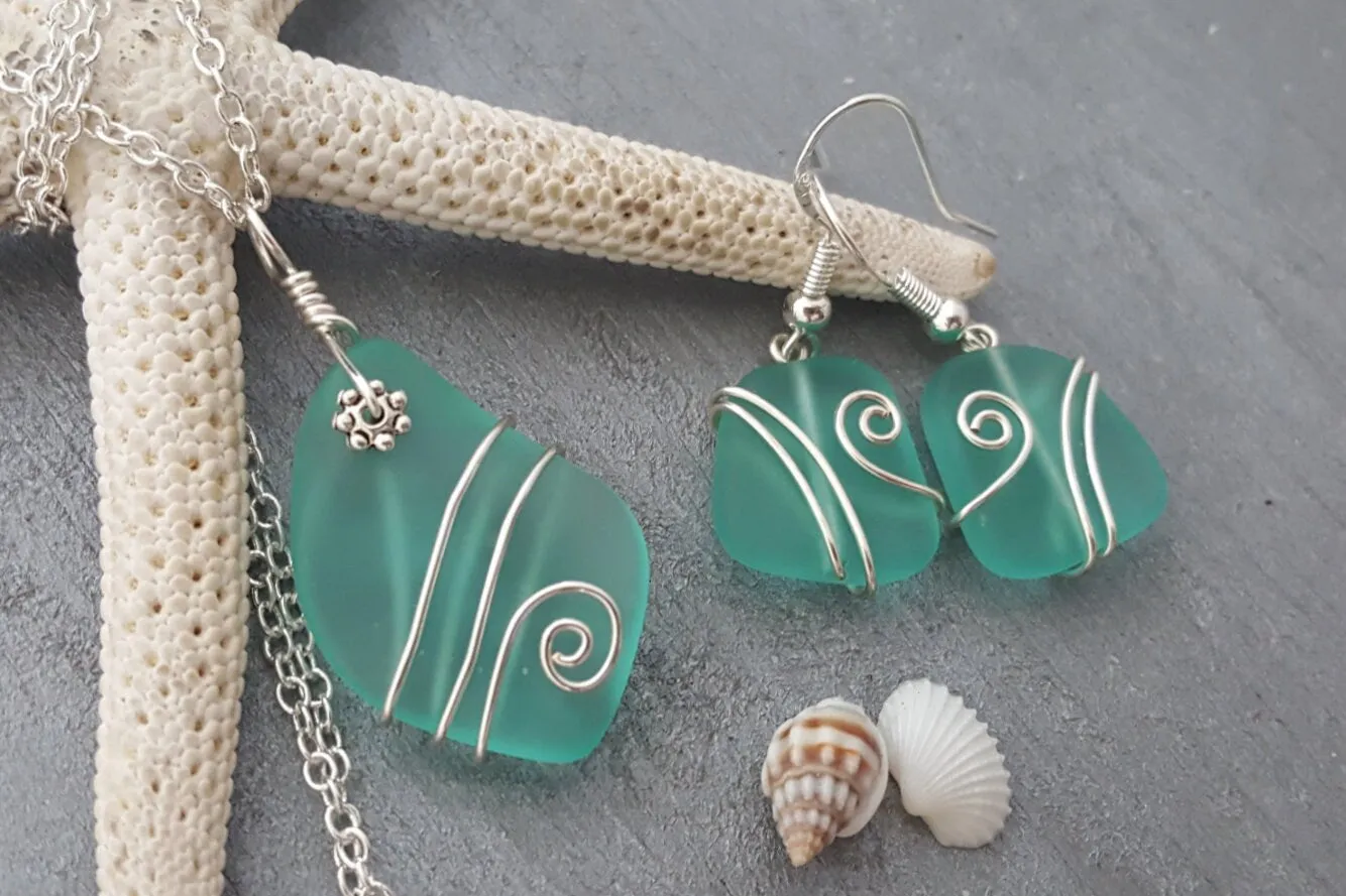 Hawaiian Jewelry Sea Glass Set, Wire Wrapped Aquamarine Necklace Earrings Jewelry Set, Sea Glass Jewelry Birthday Gift (March Birthstone)