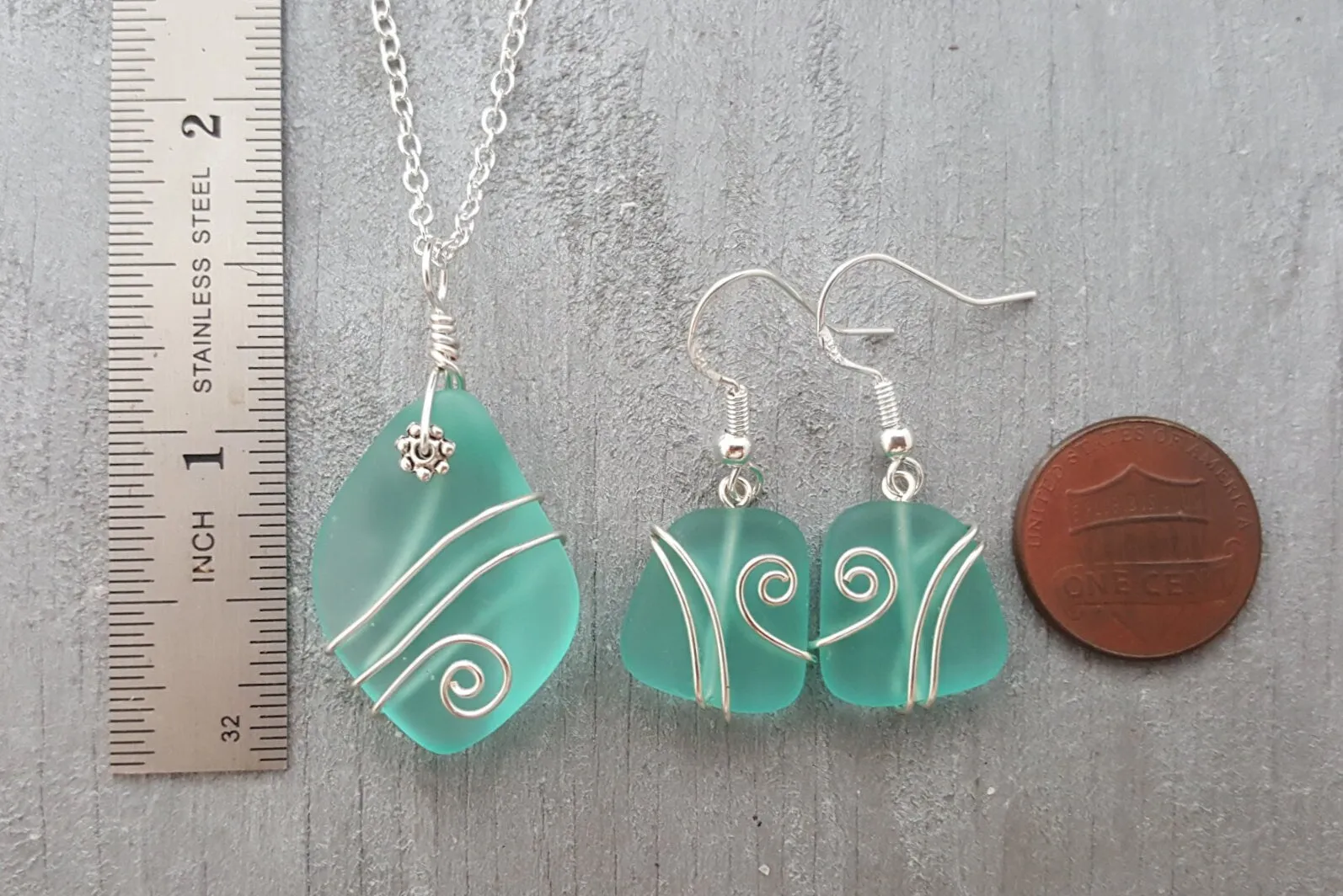 Hawaiian Jewelry Sea Glass Set, Wire Wrapped Aquamarine Necklace Earrings Jewelry Set, Sea Glass Jewelry Birthday Gift (March Birthstone)