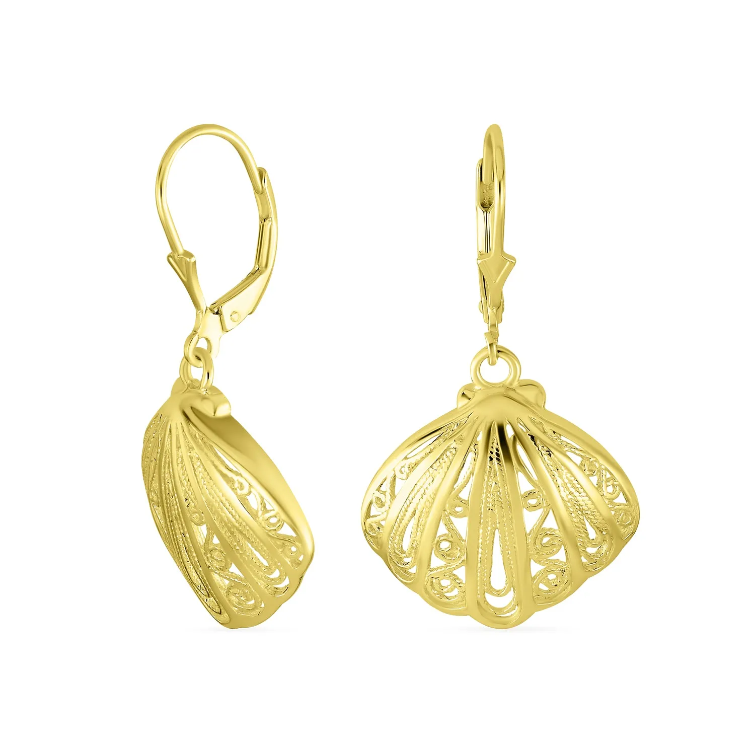 Hawaiian Seaside Dangle Earrings Sand Dollar Starfish Seashell 14K Gold-Plated
