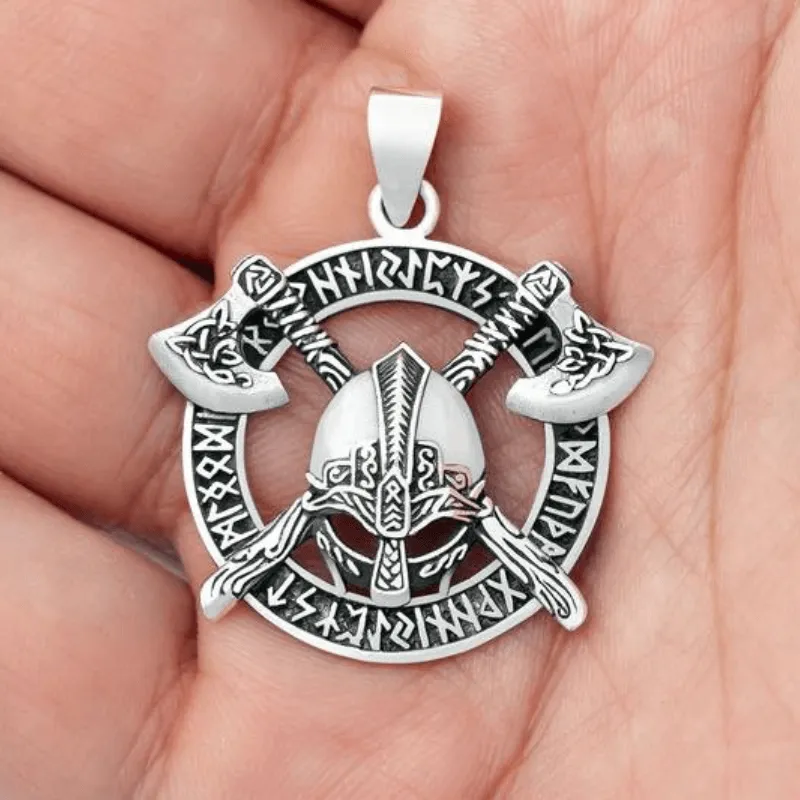 Helmet and Axes with Runes 925 STERLING SILVER PENDANT