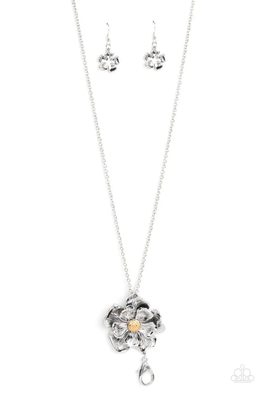 Homegrown Glamour - Silver - Flower Paparazzi Lanyard Necklace