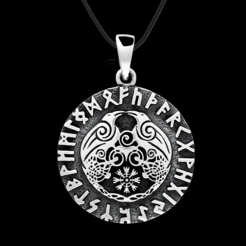 Huginn and Muninn Raven Helm of Awe Runes  925 STERLING SILVER PENDANT